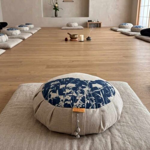 Zafu coussin de méditation en lin  XL — Cyanotype Empreinte du Présent