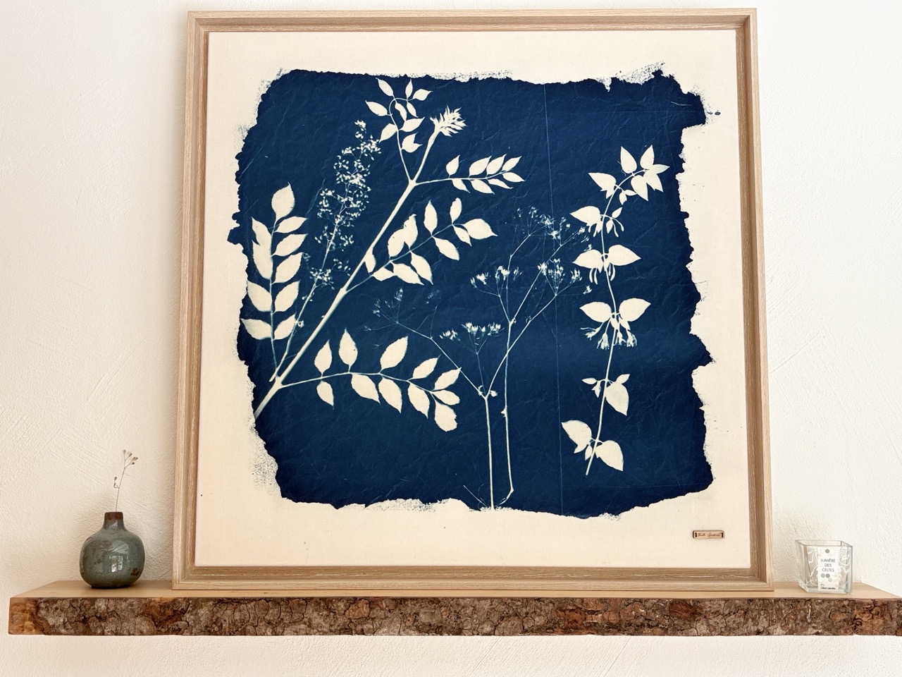 Art mural — Cyanotype sur toile de coton, caisse américaine en chêne blanchi, chèvrefeuille – Image 3