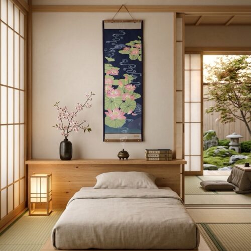 Art mural — Jardin intérieur, panneau mural autour d’un tenugui
