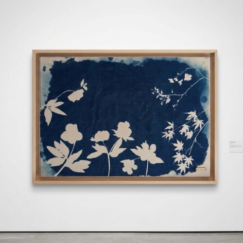 Art mural — Cyanotype sur lin, caisse américaine en chêne blanchi, hellébores