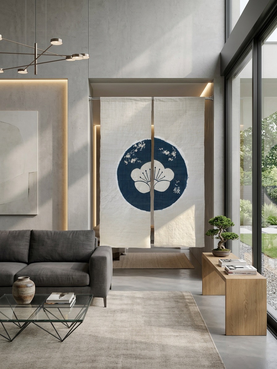 Art mural — Double rideau japonais en fibre naturelle tissée main, impressions cyanotype et roketsu-zome – Image 2