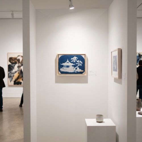 Art mural — Cyanotype sur lin, caisse américaine en bois naturel