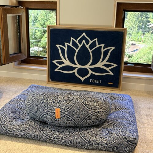 Zafu et zabuton, coussin et tapis de méditation, collection shweshwe, mandala bleu